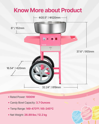 Electric Cotton Candy Machine with Cart, 1000W Commercial Candy Floss Maker with 52cm in Stainless Steel Bowl, Sugar Scoop, and Drawer, Easy to Use, for Home, Kids Birthday, Family Party, Pink - Image 7