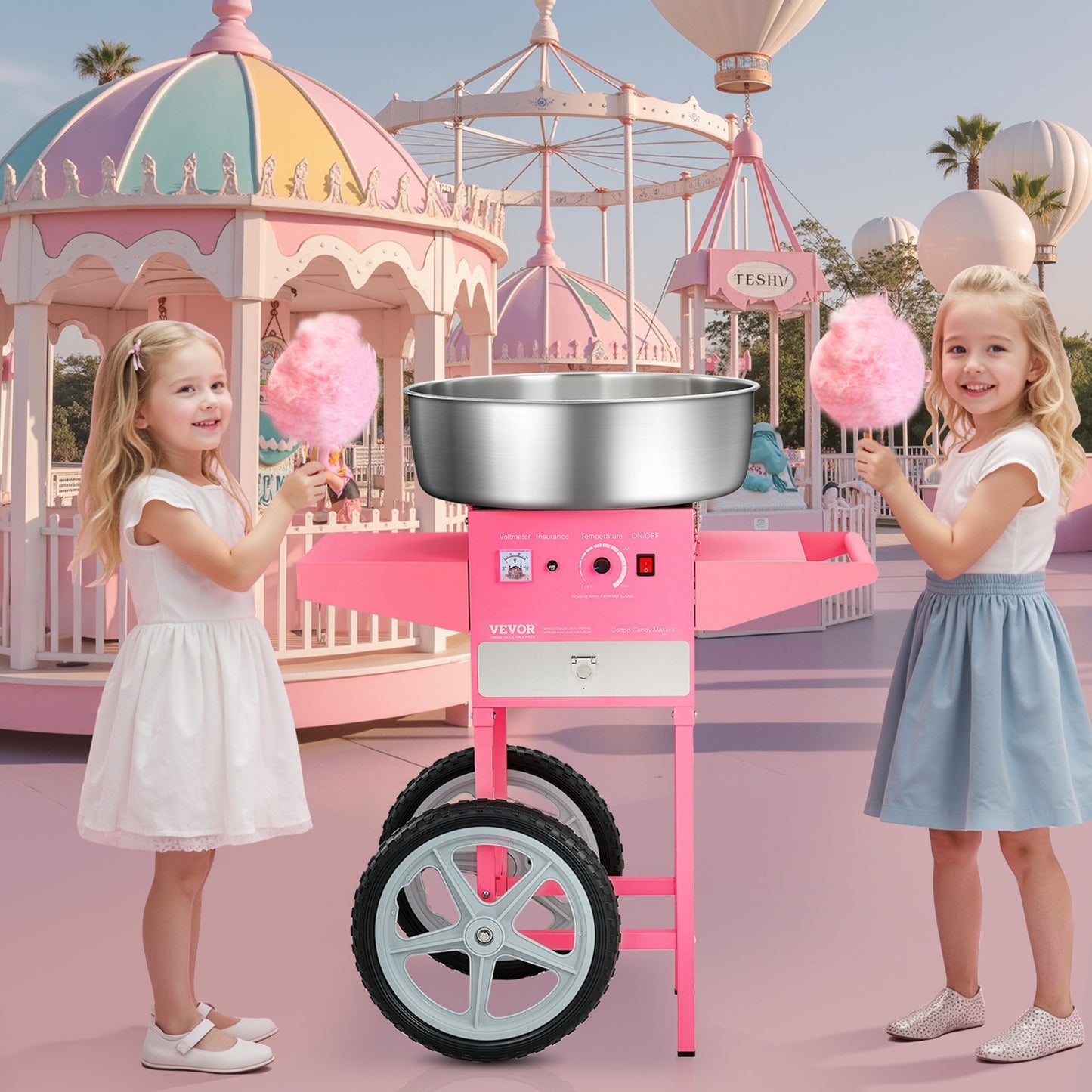 Electric Cotton Candy Machine with Cart, 1000W Commercial Candy Floss Maker with 52cm in Stainless Steel Bowl, Sugar Scoop, and Drawer, Easy to Use, for Home, Kids Birthday, Family Party, Pink - Image 8