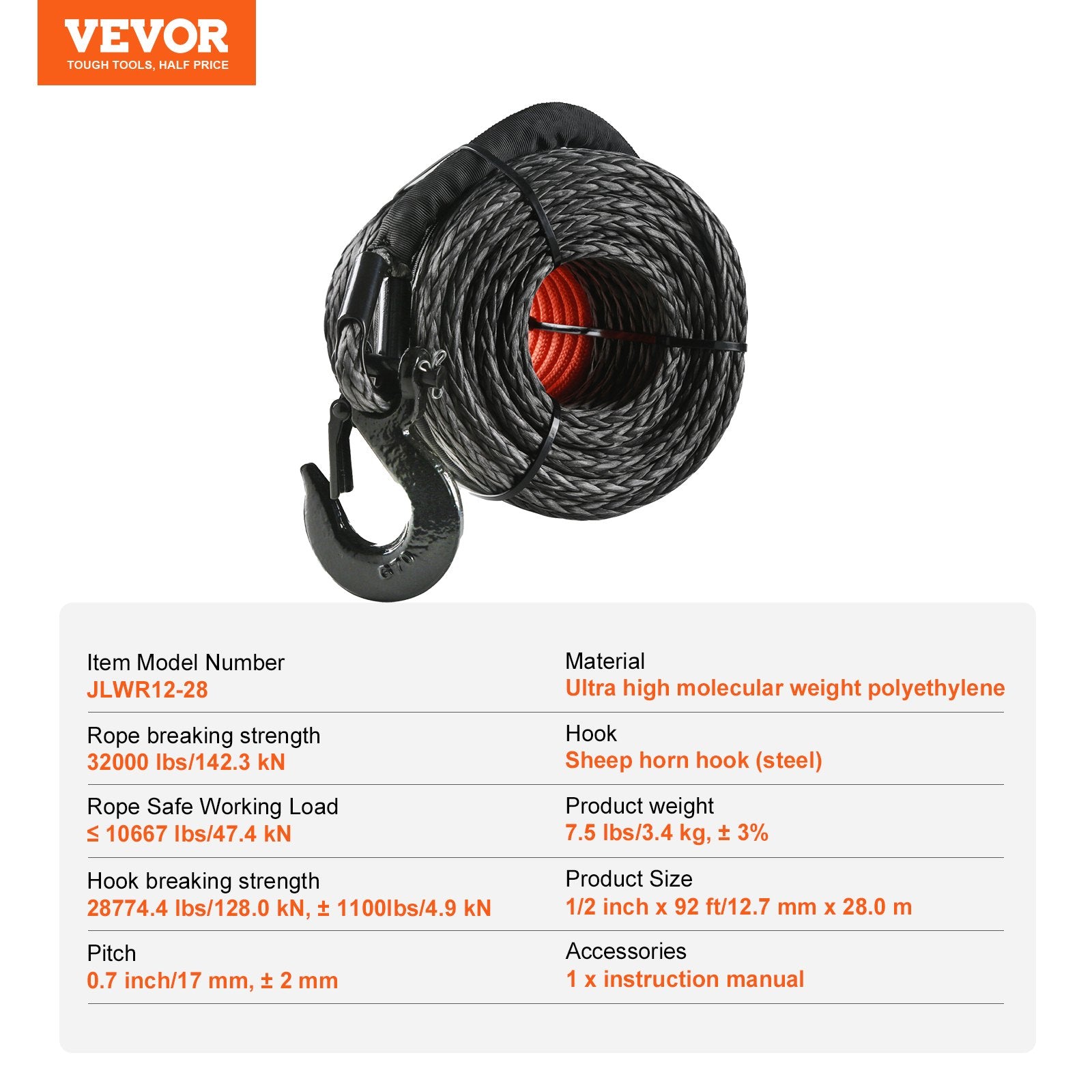 Synthetic Winch Rope, 12.7 mm x 28 m, 142.3 kN, Synthetic Winch Line Cable Rope with Protective Sleeve + Forged Winch Hook + Pull Strap, Universal Fit for SUV, Large Off-Road Vehicle, Truck - Image 7