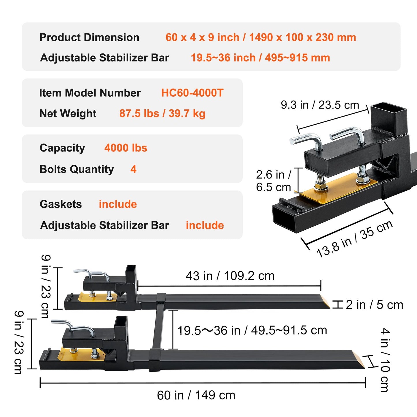 Pallet Forks, 907 kg Clamp on Pallet Forks, 1490 mm Total Length Heavy Duty Pallet Forks with Adjustable Stabilizer bar, Tractor Bucket Forks for Tractor Attachments, Skid Steer, Loader Bucket - Image 7