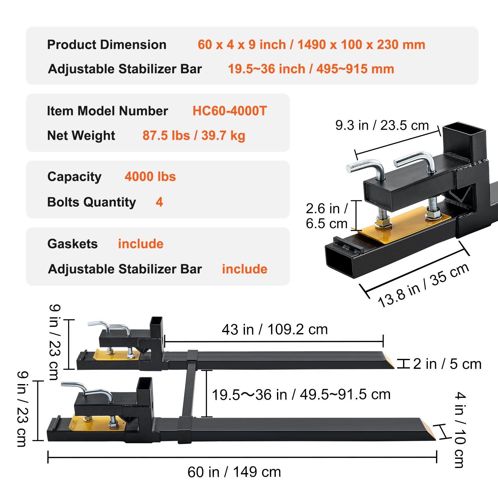 Pallet Forks, 907 kg Clamp on Pallet Forks, 1490 mm Total Length Heavy Duty Pallet Forks with Adjustable Stabilizer bar, Tractor Bucket Forks for Tractor Attachments, Skid Steer, Loader Bucket - Image 7