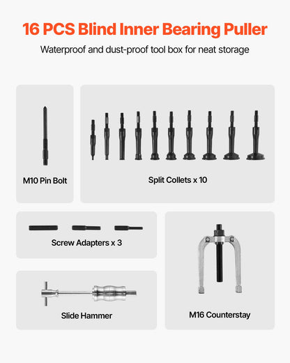 Blind Hole Bearing Puller Set, 16-in-1 Inner Bearing Race and Seal Extractor Kit, 16 PCS Slide Hammer Pilot Insert Inner Internal Bearing Removal Tool Set with 10 Split Collets and Counterstay - Image 7