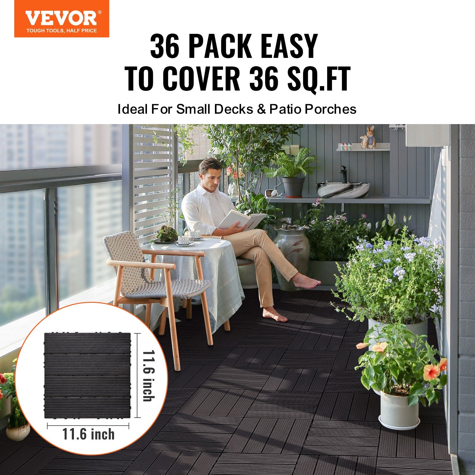 Interlocking Deck Tiles, 36 Pack,11.6"x11.6" 36 sq. ft Plastic Waterproof Outdoor Flooring All Weather Use, Patio Floor Decking Covering Tiles for Porch Poolside Balcony Backyard, Dark Brown - Image 2