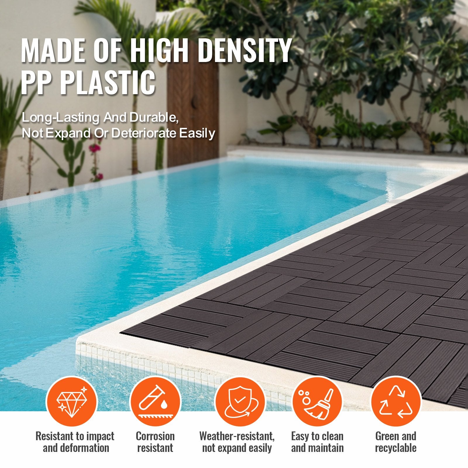 Interlocking Deck Tiles, 36 Pack,11.6"x11.6" 36 sq. ft Plastic Waterproof Outdoor Flooring All Weather Use, Patio Floor Decking Covering Tiles for Porch Poolside Balcony Backyard, Dark Brown - Image 6