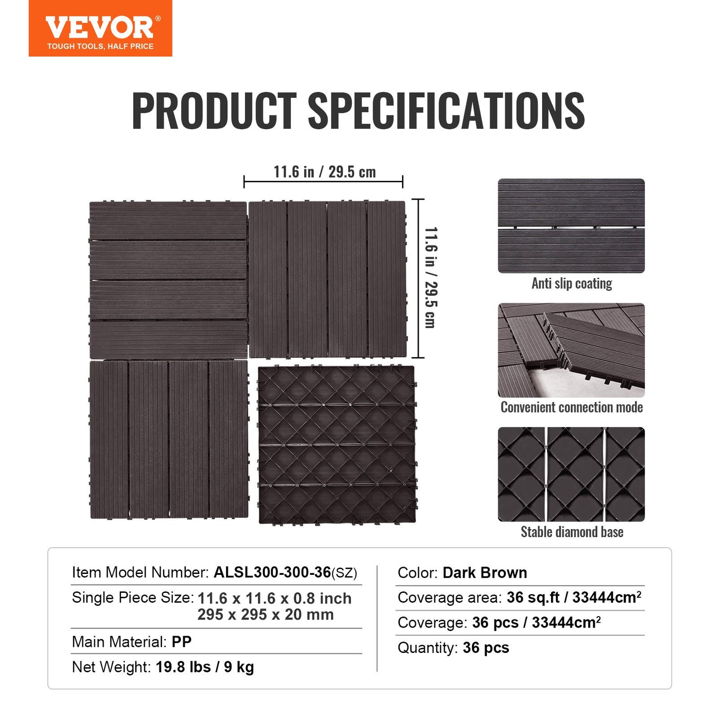 Interlocking Deck Tiles, 36 Pack,11.6"x11.6" 36 sq. ft Plastic Waterproof Outdoor Flooring All Weather Use, Patio Floor Decking Covering Tiles for Porch Poolside Balcony Backyard, Dark Brown - Image 7
