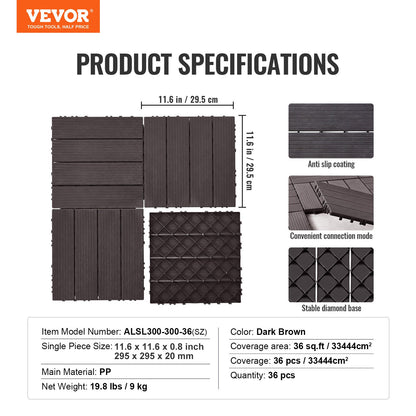 Interlocking Deck Tiles, 36 Pack,11.6"x11.6" 36 sq. ft Plastic Waterproof Outdoor Flooring All Weather Use, Patio Floor Decking Covering Tiles for Porch Poolside Balcony Backyard, Dark Brown - Image 7