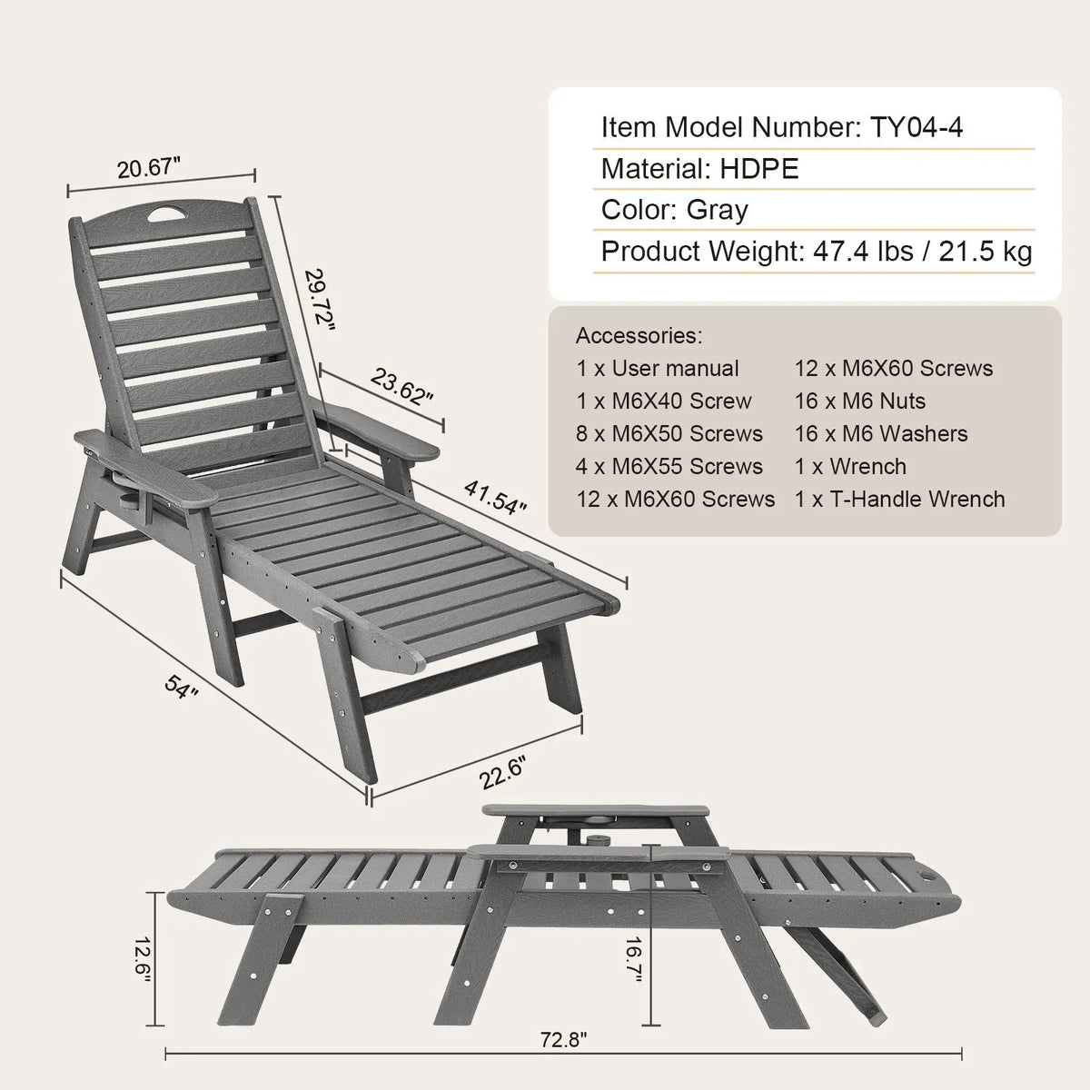 Outdoor Chaise Lounge Chair 6 Positions Reclining Patio Bench Lounger Gray - Image 7