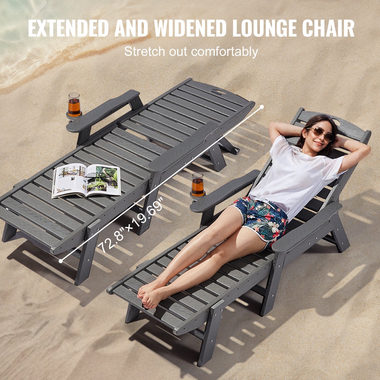Outdoor Chaise Lounge Chair 6 Positions Reclining Patio Bench Lounger Gray - Image 5