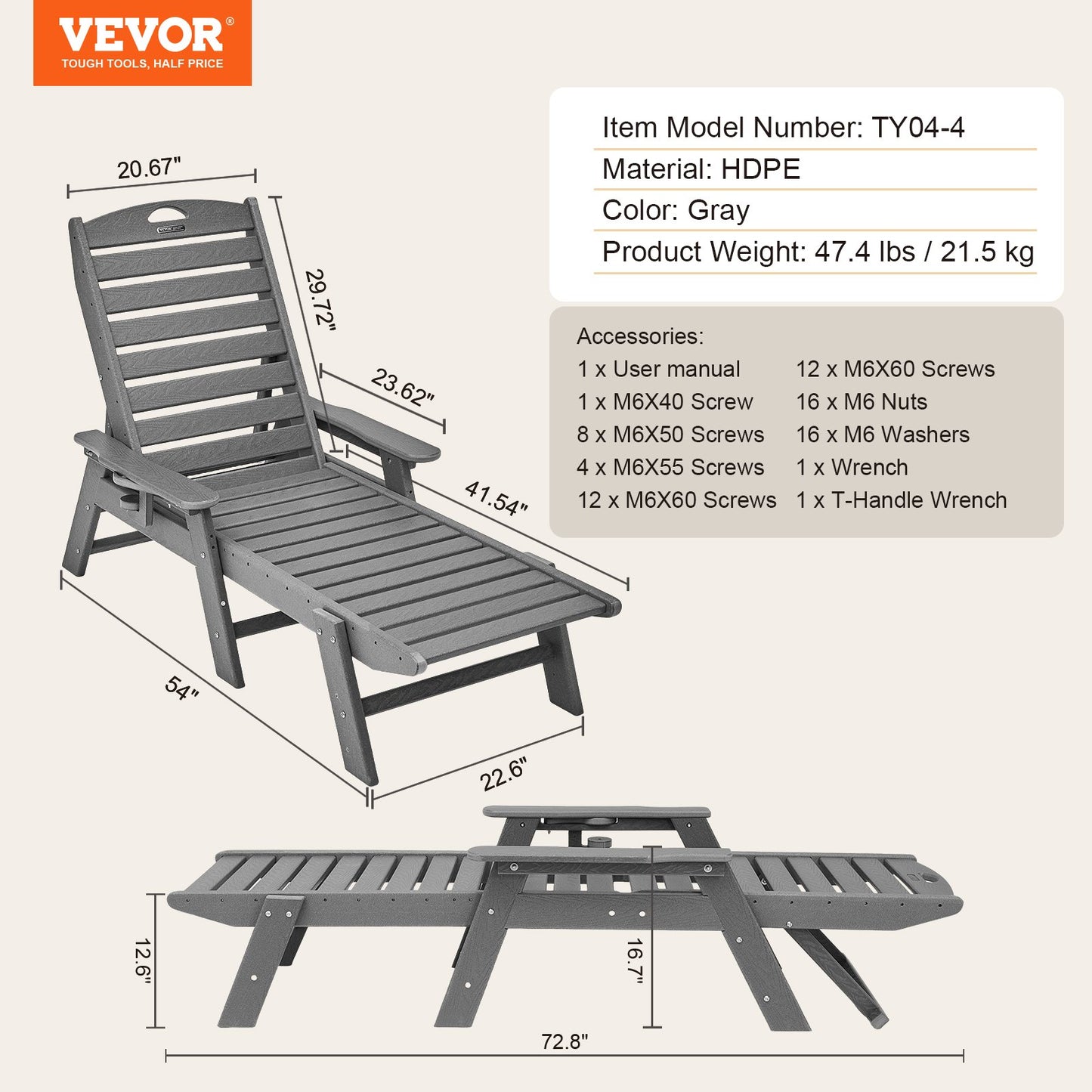 Outdoor Chaise Lounge Chair 6 Positions Reclining Patio Bench Lounger Gray - Image 7