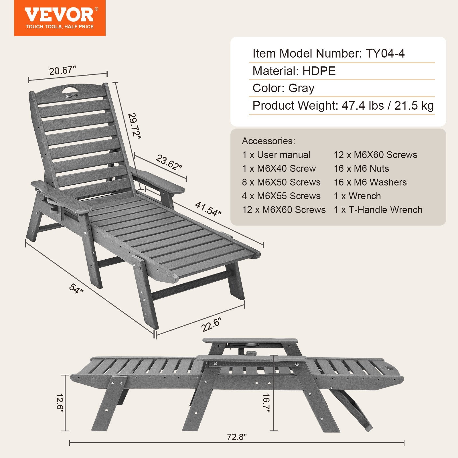 Outdoor Chaise Lounge Chair 6 Positions Reclining Patio Bench Lounger Gray - Image 7