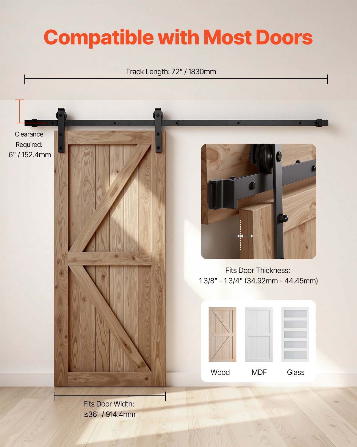 1830 mm Sliding Barn Door Hardware Kit for Single Sliding Barn Door Black - Image 6