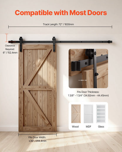 1830 mm Sliding Barn Door Hardware Kit for Single Sliding Barn Door Black - Image 6