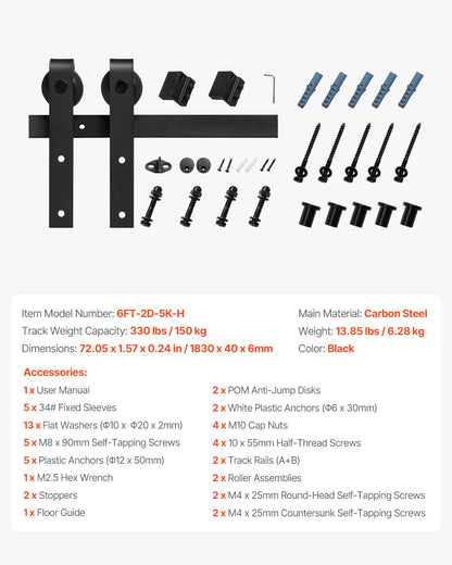 1830 mm Sliding Barn Door Hardware Kit for Single Sliding Barn Door Black - Image 7