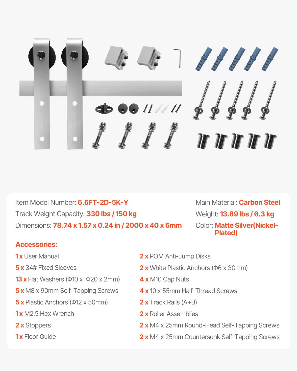 2000 mm Sliding Barn Door Hardware Kit for Single Sliding Barn Door Silver - Image 7