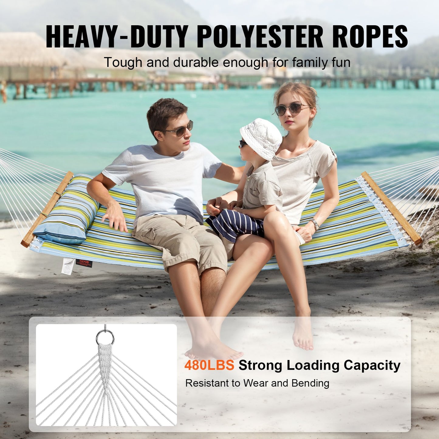 Double Quilted Fabric Hammock, 12 FT Double Hammock with Hardwood Spreader Bars, 2 Person Quilted Hammock with Detachable Pillow and Chains for Camping Outdoor Patio Yard Beach, 480 lbs Capacity - Image 3