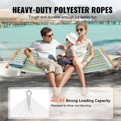 Double Quilted Fabric Hammock, 12 FT Double Hammock with Hardwood Spreader Bars, 2 Person Quilted Hammock with Detachable Pillow and Chains for Camping Outdoor Patio Yard Beach, 480 lbs Capacity - Image 3