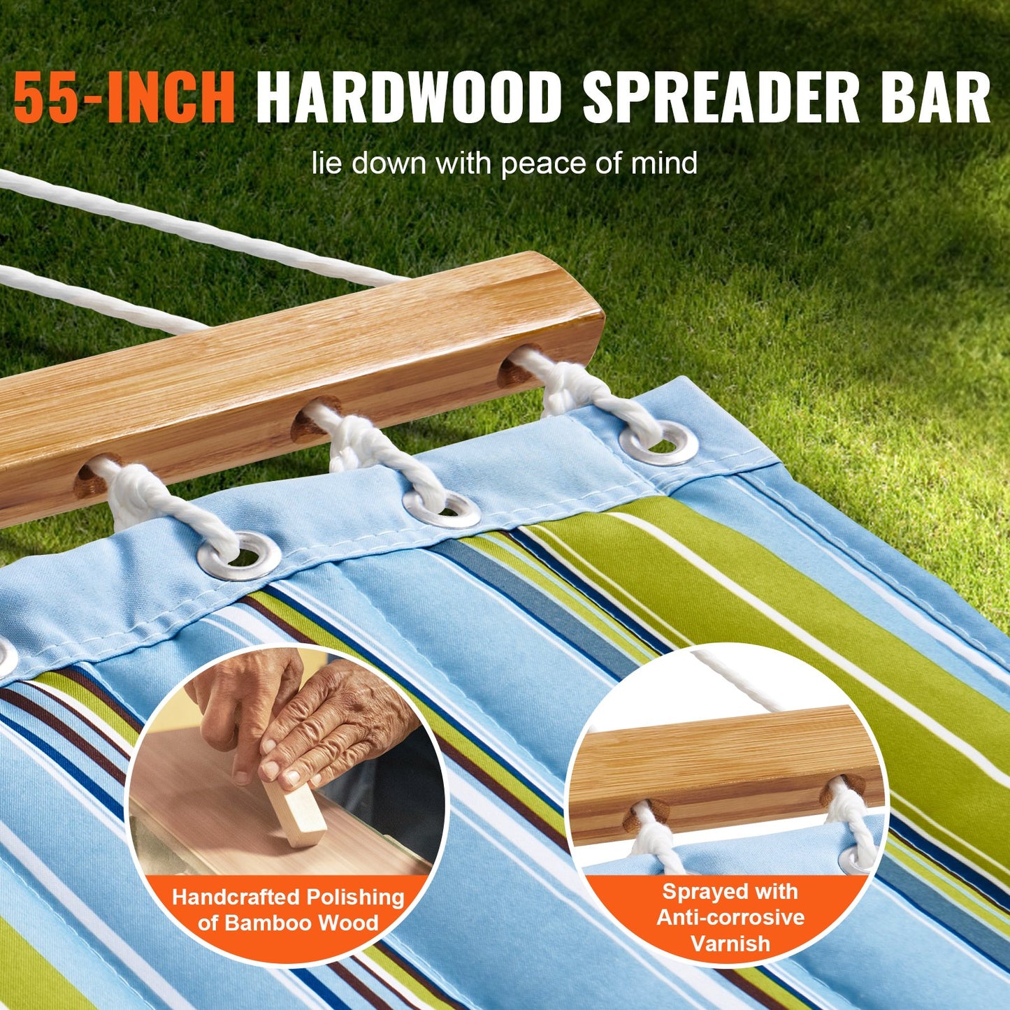 Double Quilted Fabric Hammock, 12 FT Double Hammock with Hardwood Spreader Bars, 2 Person Quilted Hammock with Detachable Pillow and Chains for Camping Outdoor Patio Yard Beach, 480 lbs Capacity - Image 4