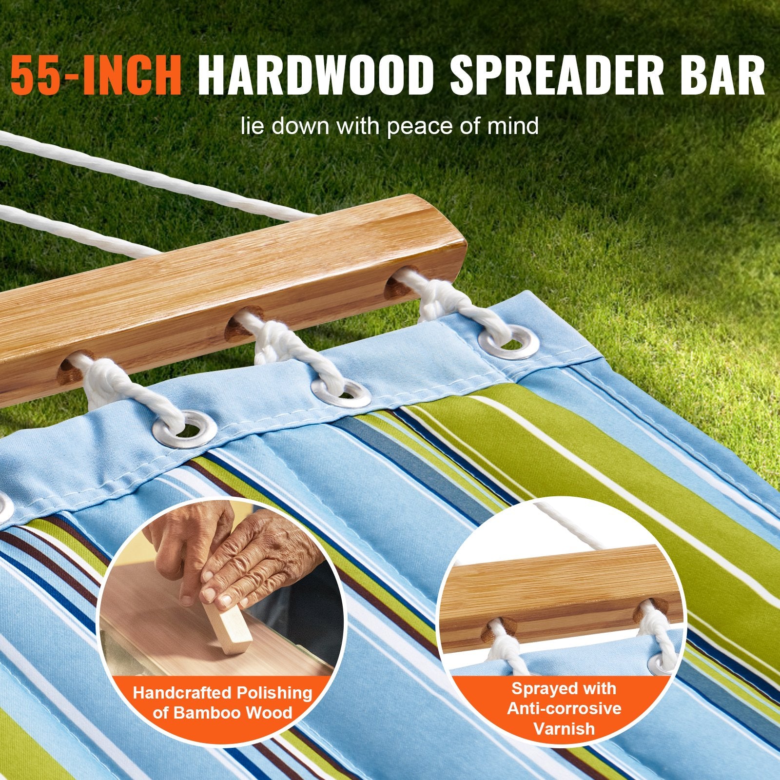 Double Quilted Fabric Hammock, 12 FT Double Hammock with Hardwood Spreader Bars, 2 Person Quilted Hammock with Detachable Pillow and Chains for Camping Outdoor Patio Yard Beach, 480 lbs Capacity - Image 4