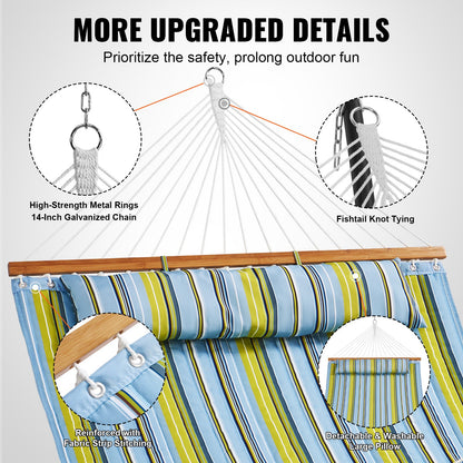 Double Quilted Fabric Hammock, 12 FT Double Hammock with Hardwood Spreader Bars, 2 Person Quilted Hammock with Detachable Pillow and Chains for Camping Outdoor Patio Yard Beach, 480 lbs Capacity - Image 5