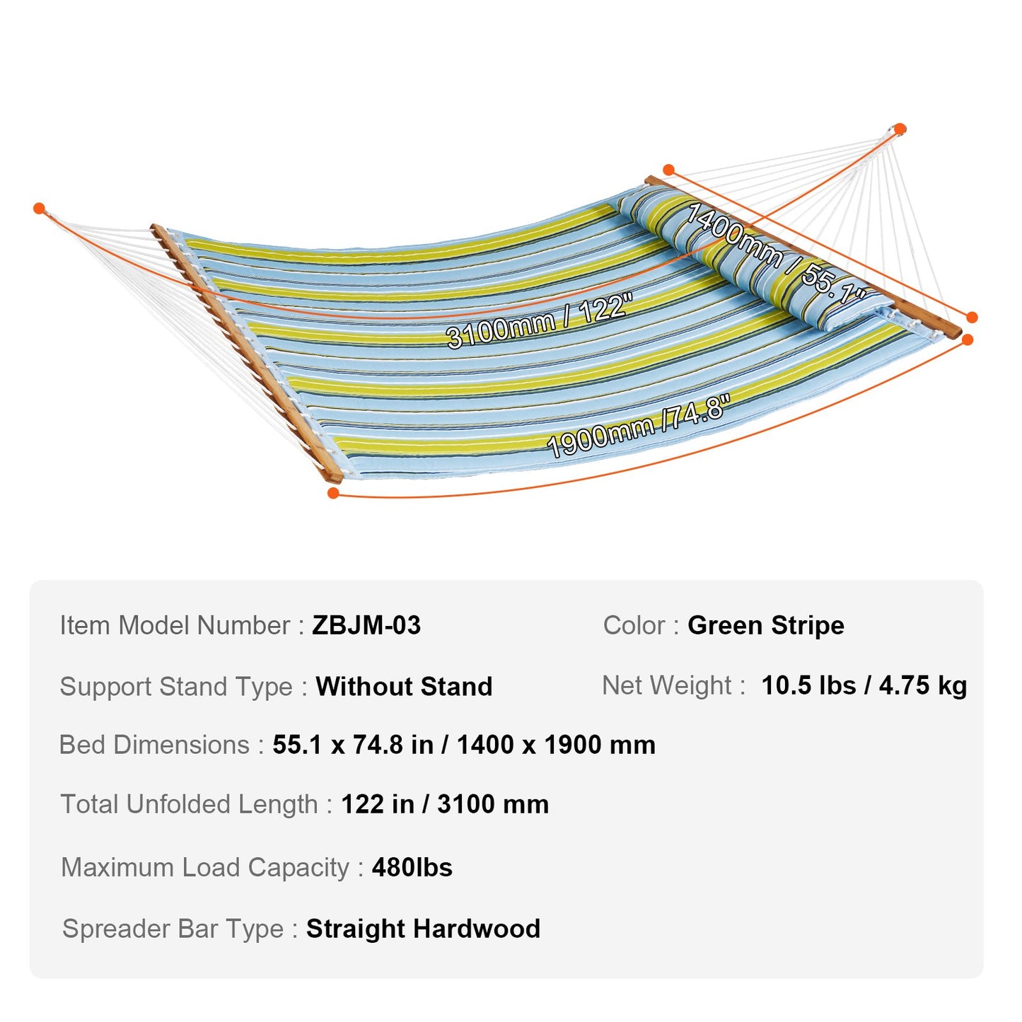 Double Quilted Fabric Hammock, 12 FT Double Hammock with Hardwood Spreader Bars, 2 Person Quilted Hammock with Detachable Pillow and Chains for Camping Outdoor Patio Yard Beach, 480 lbs Capacity - Image 7