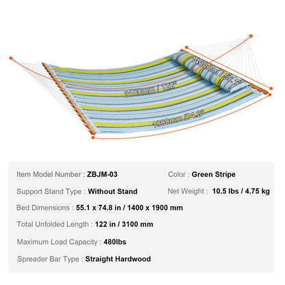 Double Quilted Fabric Hammock, 12 FT Double Hammock with Hardwood Spreader Bars, 2 Person Quilted Hammock with Detachable Pillow and Chains for Camping Outdoor Patio Yard Beach, 480 lbs Capacity - Image 7