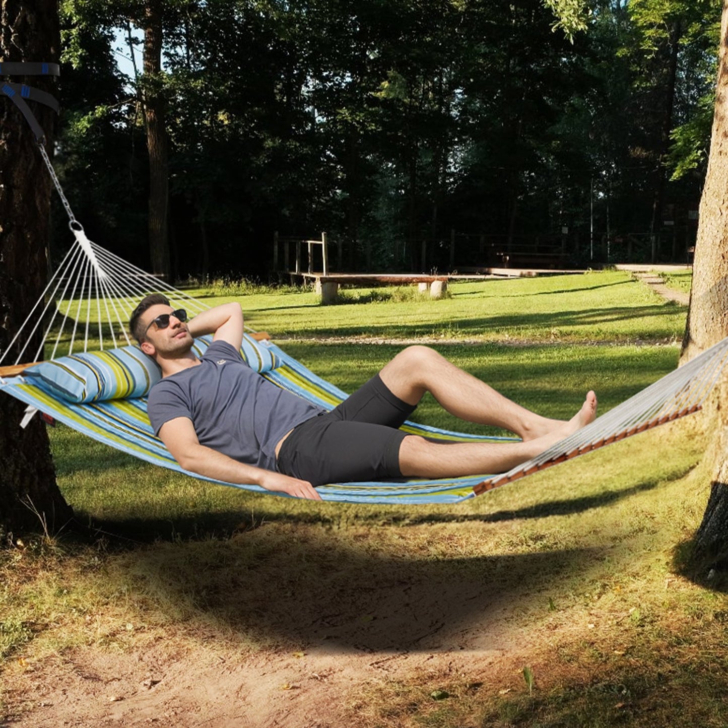 Double Quilted Fabric Hammock, 12 FT Double Hammock with Hardwood Spreader Bars, 2 Person Quilted Hammock with Detachable Pillow and Chains for Camping Outdoor Patio Yard Beach, 480 lbs Capacity - Image 8