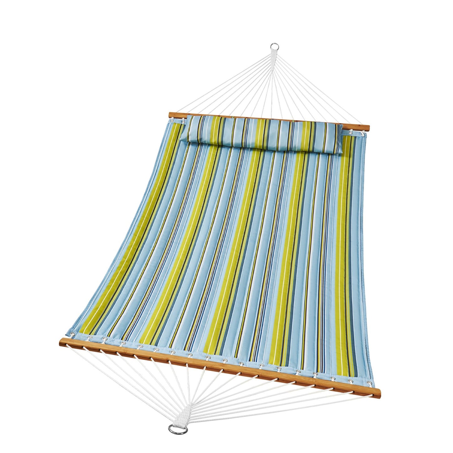Double Quilted Fabric Hammock, 12 FT Double Hammock with Hardwood Spreader Bars, 2 Person Quilted Hammock with Detachable Pillow and Chains for Camping Outdoor Patio Yard Beach, 480 lbs Capacity - Image 9