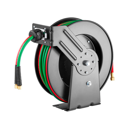 Retractable Welding Hose Reel, 1/4-Inch x 50FT Twin Oxygen Acetylene Rubber Hose Max 300PSI - T Grade, Ceiling/Wall Mount Heavy Duty Steel Hose Reel Auto-Rewind, Ideal for Workshops Garages