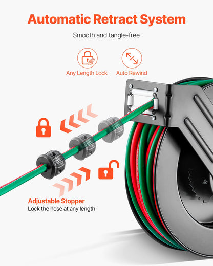 Retractable Welding Hose Reel, 1/4-Inch x 50FT Twin Oxygen Acetylene Rubber Hose Max 300PSI - T Grade, Ceiling/Wall Mount Heavy Duty Steel Hose Reel Auto-Rewind, Ideal for Workshops Garages - Image 3