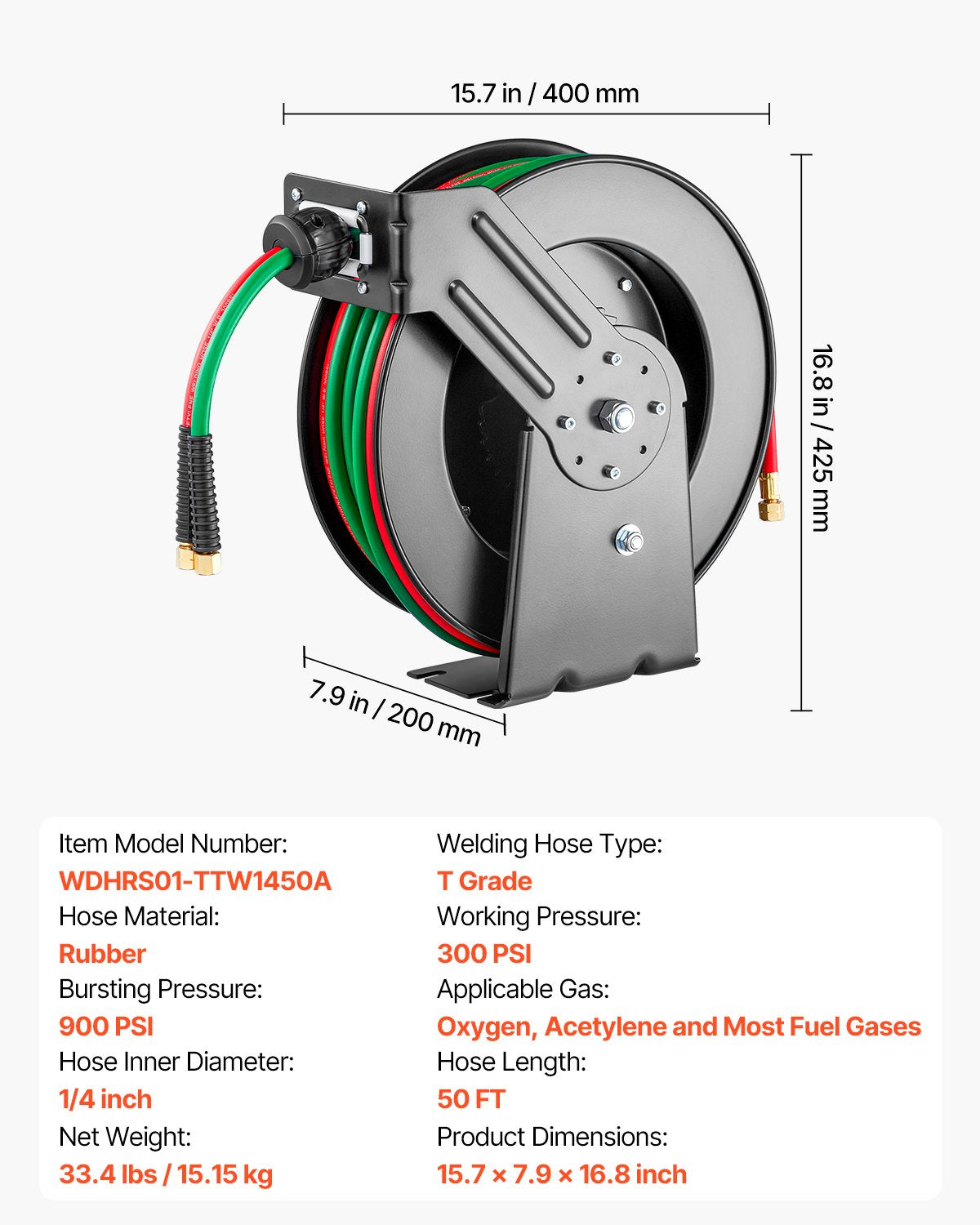 Retractable Welding Hose Reel, 1/4-Inch x 50FT Twin Oxygen Acetylene Rubber Hose Max 300PSI - T Grade, Ceiling/Wall Mount Heavy Duty Steel Hose Reel Auto-Rewind, Ideal for Workshops Garages - Image 7