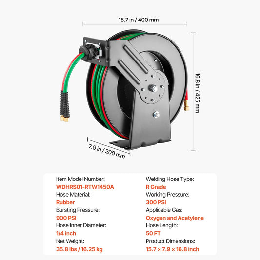 Retractable Welding Hose Reel 1/4 in x 50FT Oxygen Acetylene Rubber Hose R Grade - Image 7