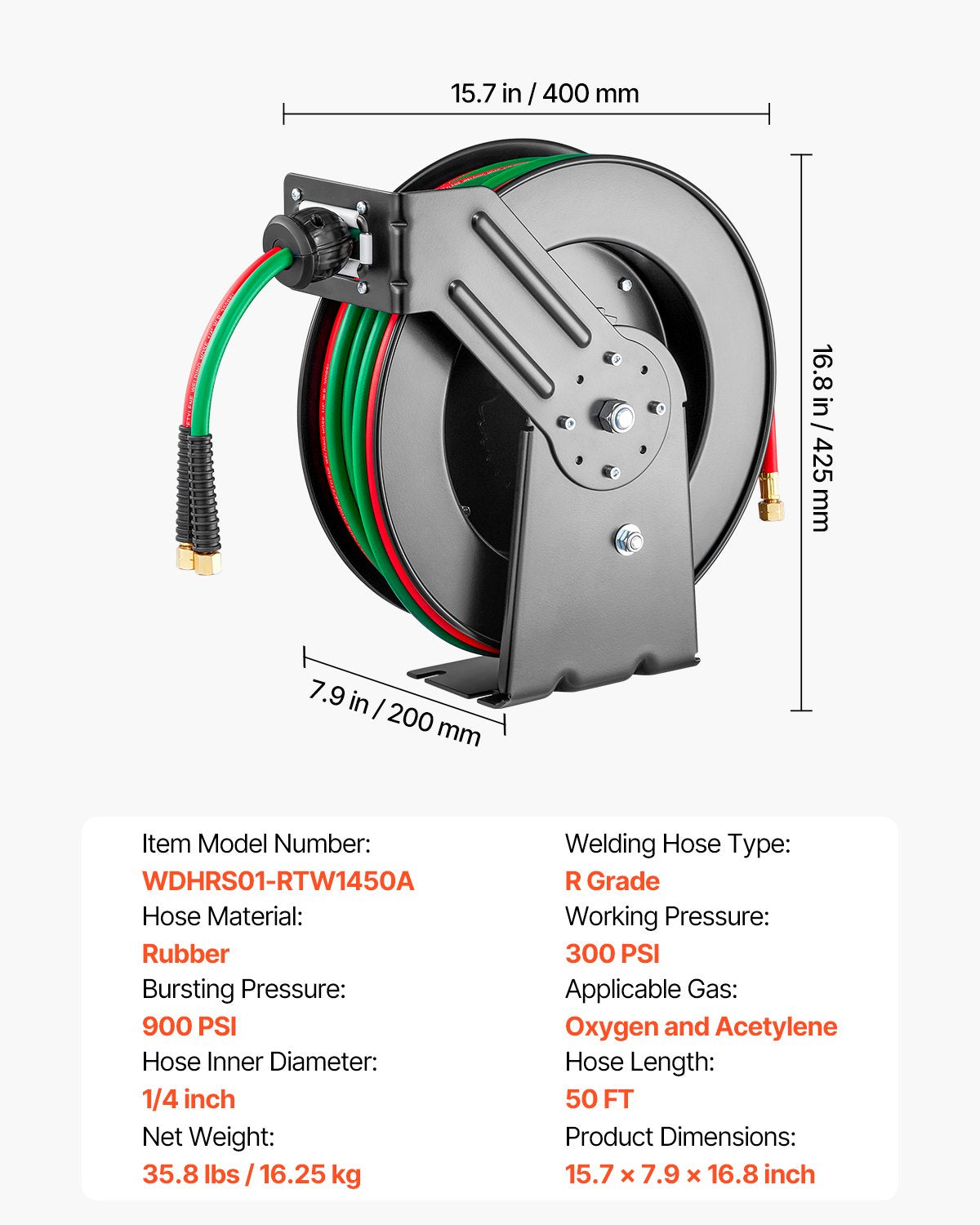 Retractable Welding Hose Reel 1/4 in x 50FT Oxygen Acetylene Rubber Hose R Grade - Image 7