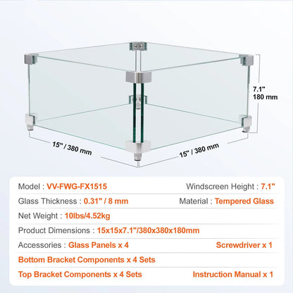 Gas Fire Pit Wind Guard for Square Fire Table, 380 x 380 x 180 mm Clear Tempered Wind Guard for Firepits, 8mm Thick Square Glass Shield, Glass Panel with Hard Corner Bracket & Feet - Image 7