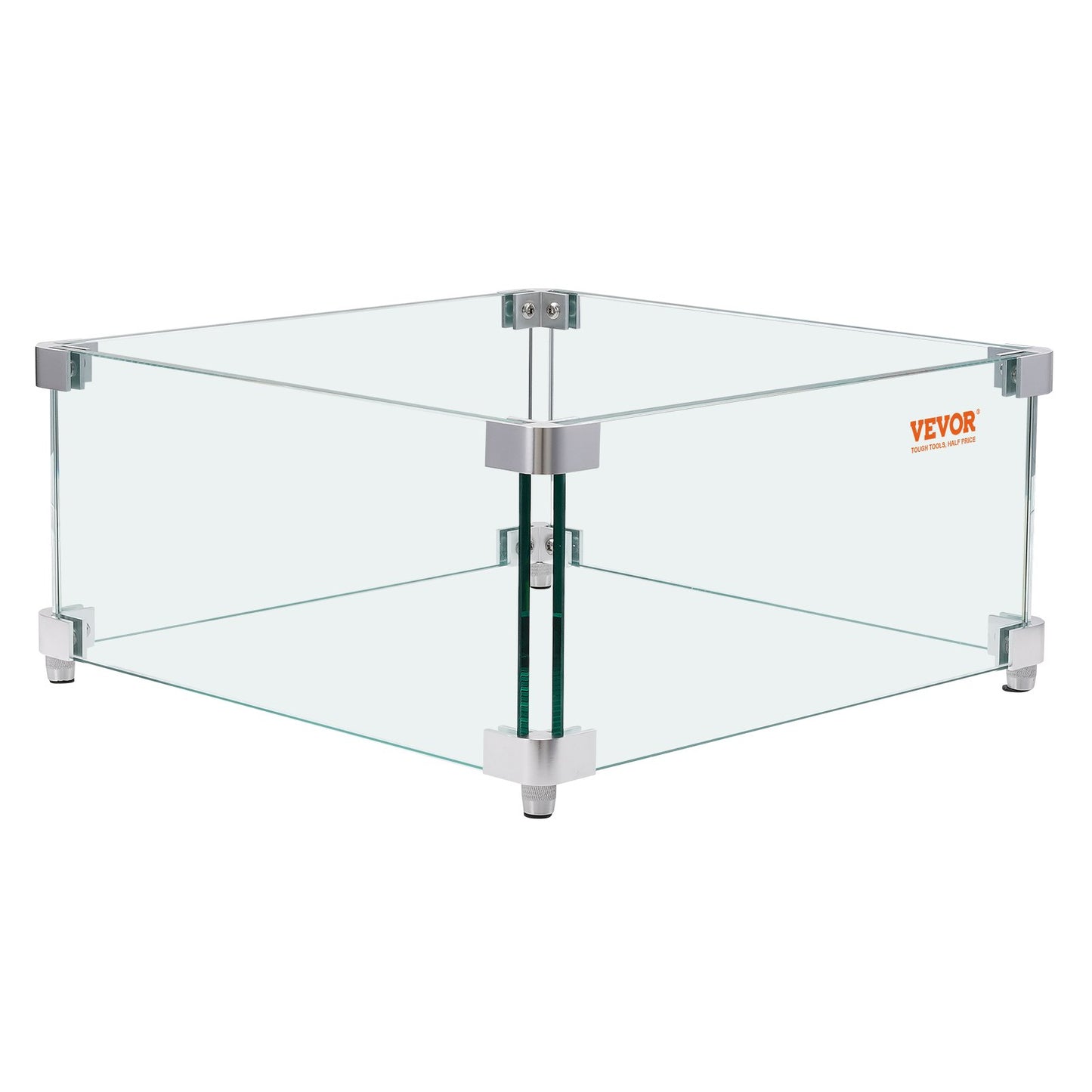 Gas Fire Pit Wind Guard for Square Fire Table, 380 x 380 x 180 mm Clear Tempered Wind Guard for Firepits, 8mm Thick Square Glass Shield, Glass Panel with Hard Corner Bracket & Feet