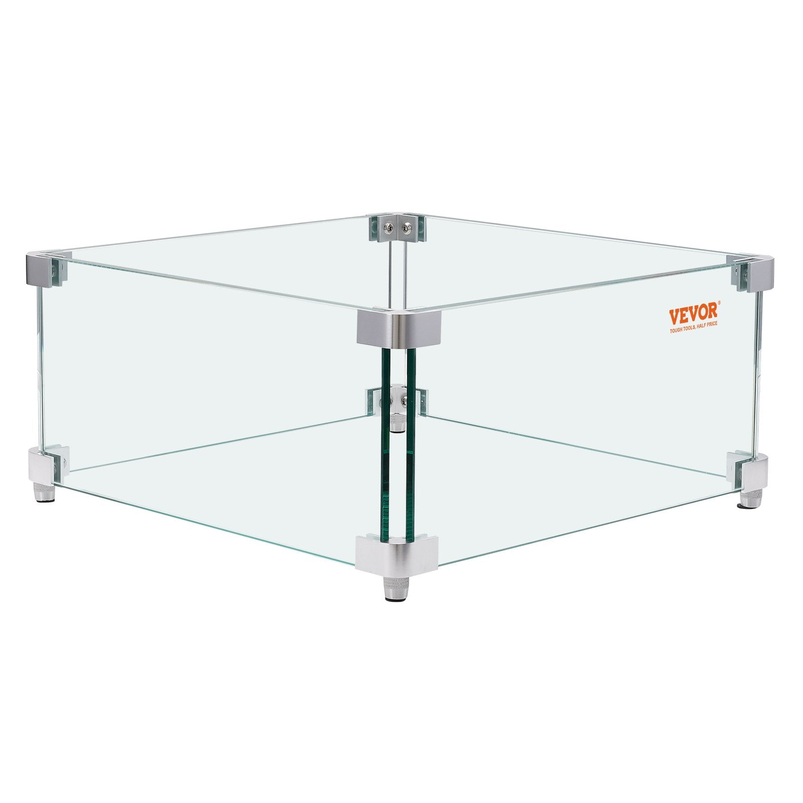 Gas Fire Pit Wind Guard for Square Fire Table, 380 x 380 x 180 mm Clear Tempered Wind Guard for Firepits, 8mm Thick Square Glass Shield, Glass Panel with Hard Corner Bracket & Feet