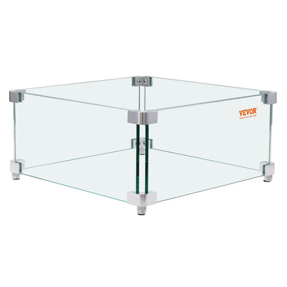 Gas Fire Pit Wind Guard for Square Fire Table, 380 x 380 x 180 mm Clear Tempered Wind Guard for Firepits, 8mm Thick Square Glass Shield, Glass Panel with Hard Corner Bracket & Feet