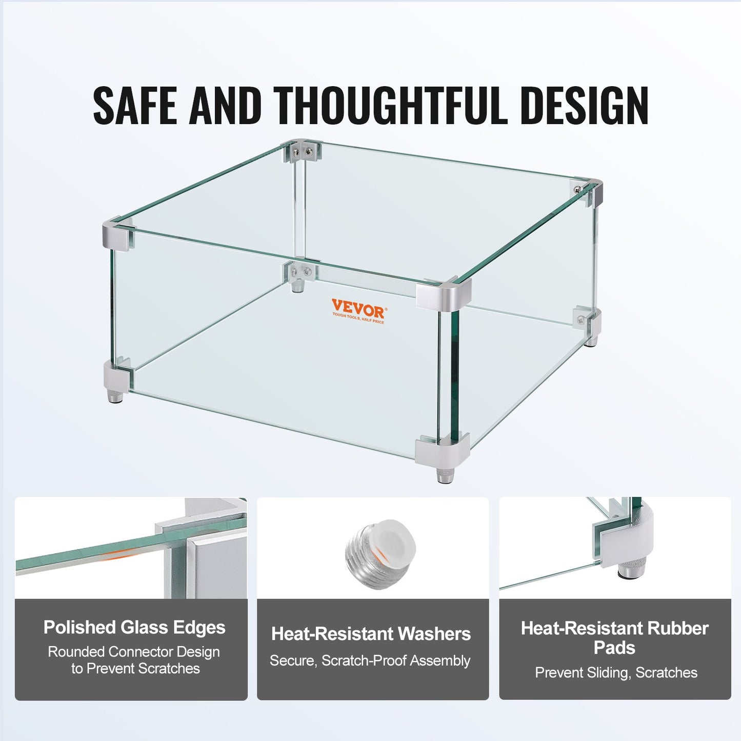 Gas Fire Pit Wind Guard for Square Fire Table, 380 x 380 x 180 mm Clear Tempered Wind Guard for Firepits, 8mm Thick Square Glass Shield, Glass Panel with Hard Corner Bracket & Feet - Image 5