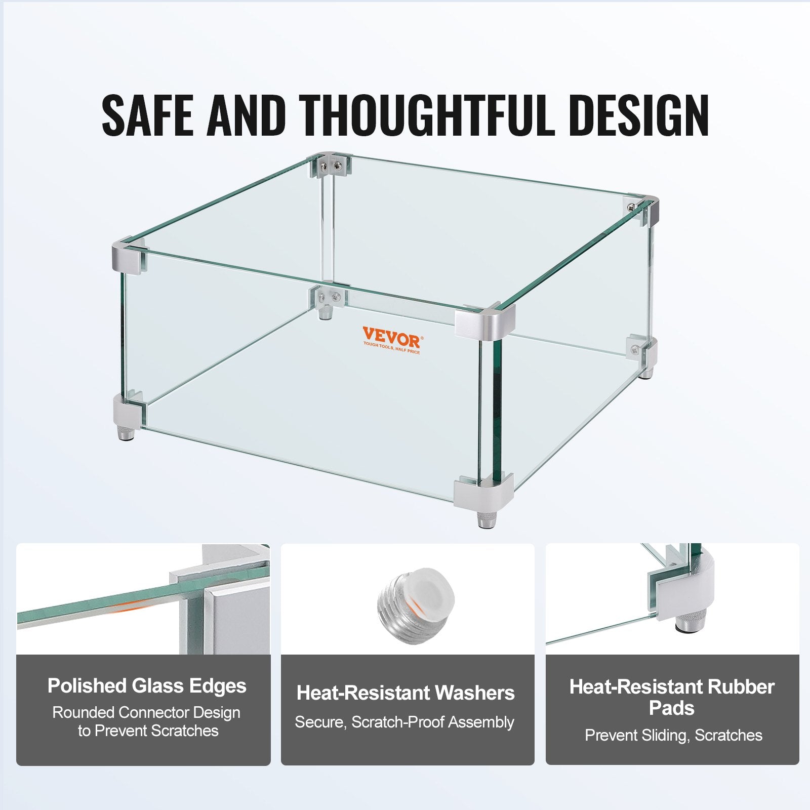 Gas Fire Pit Wind Guard for Square Fire Table, 380 x 380 x 180 mm Clear Tempered Wind Guard for Firepits, 8mm Thick Square Glass Shield, Glass Panel with Hard Corner Bracket & Feet - Image 5