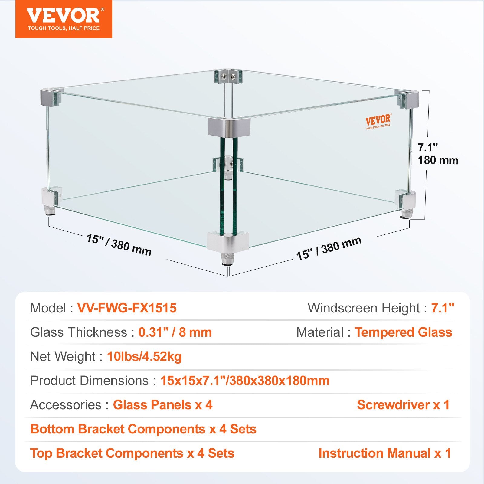 Gas Fire Pit Wind Guard for Square Fire Table, 380 x 380 x 180 mm Clear Tempered Wind Guard for Firepits, 8mm Thick Square Glass Shield, Glass Panel with Hard Corner Bracket & Feet - Image 7
