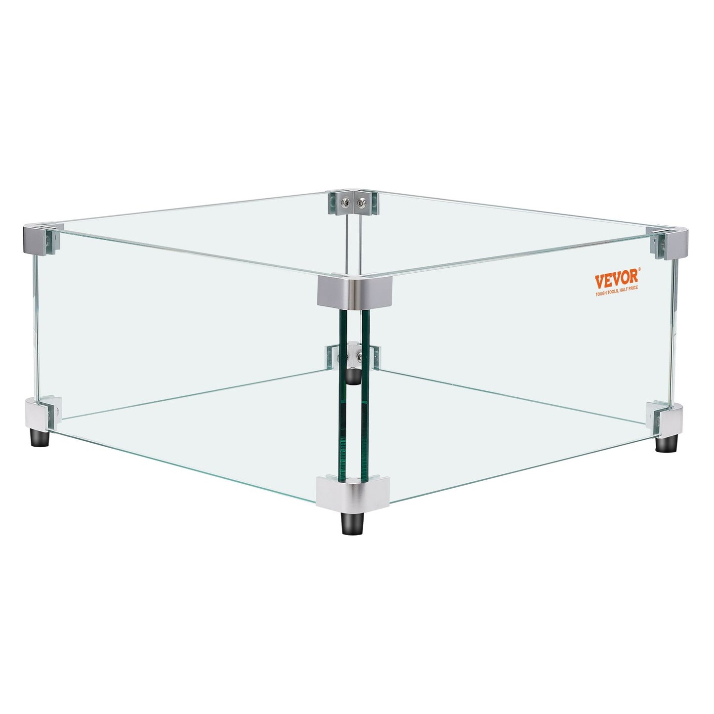 Gas Fire Pit Wind Guard for Square Fire Table, 543 x 543 x 191 mm Clear Tempered Wind Guard for Firepits, 8mm Thick Square Glass Shield, Glass Panel with Hard Corner Bracket & Feet