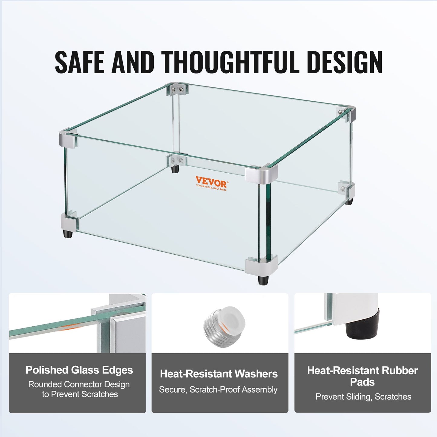 Gas Fire Pit Wind Guard for Square Fire Table, 543 x 543 x 191 mm Clear Tempered Wind Guard for Firepits, 8mm Thick Square Glass Shield, Glass Panel with Hard Corner Bracket & Feet - Image 5