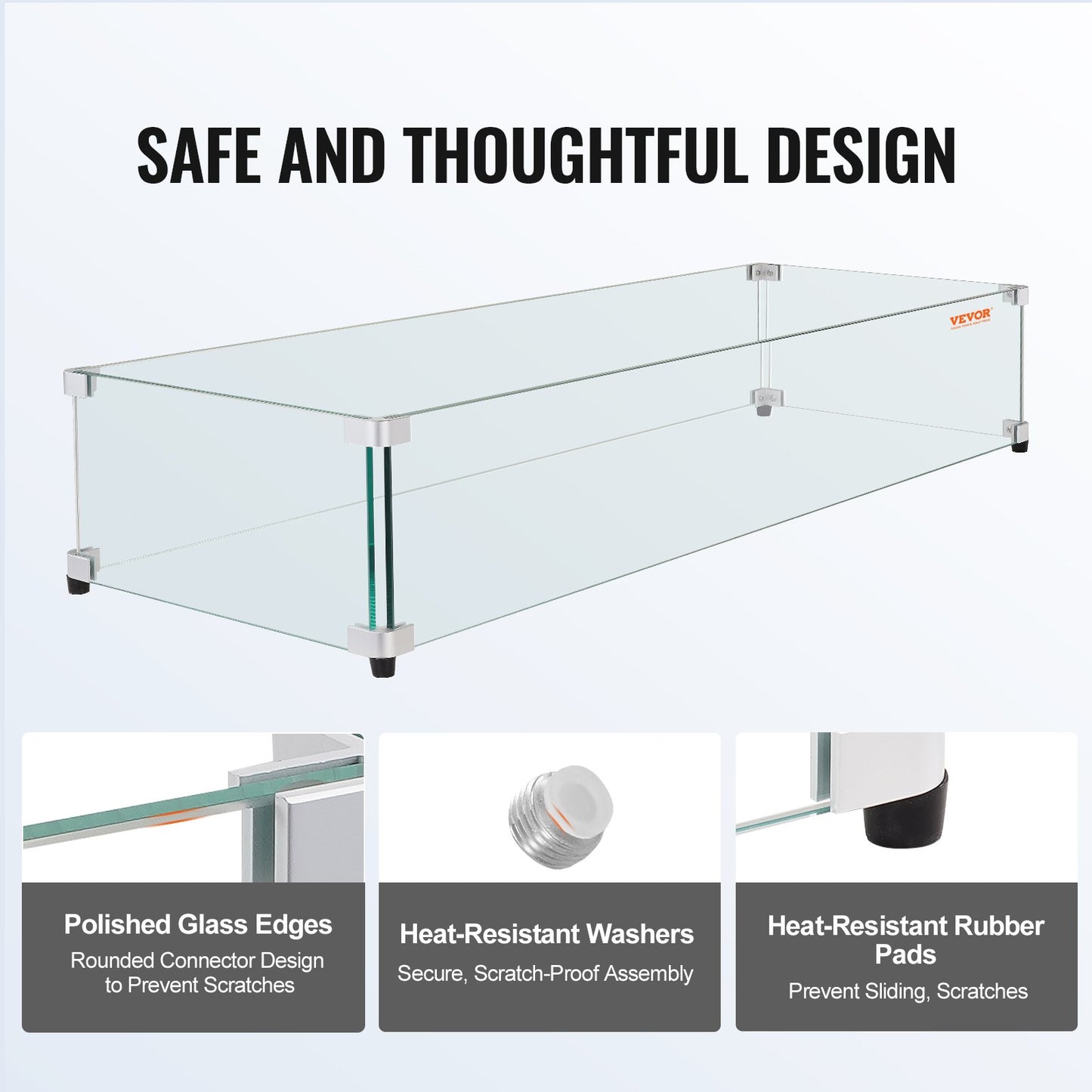 Glass Wind Guard for Rectangular Fire Pit Table 798 x 317 x 165 mm, 8mm Thick and Sturdy Tempered Glass Panel with Hard Aluminum Corner Bracket & Rubber Feet, Easy to Assemble - Image 5