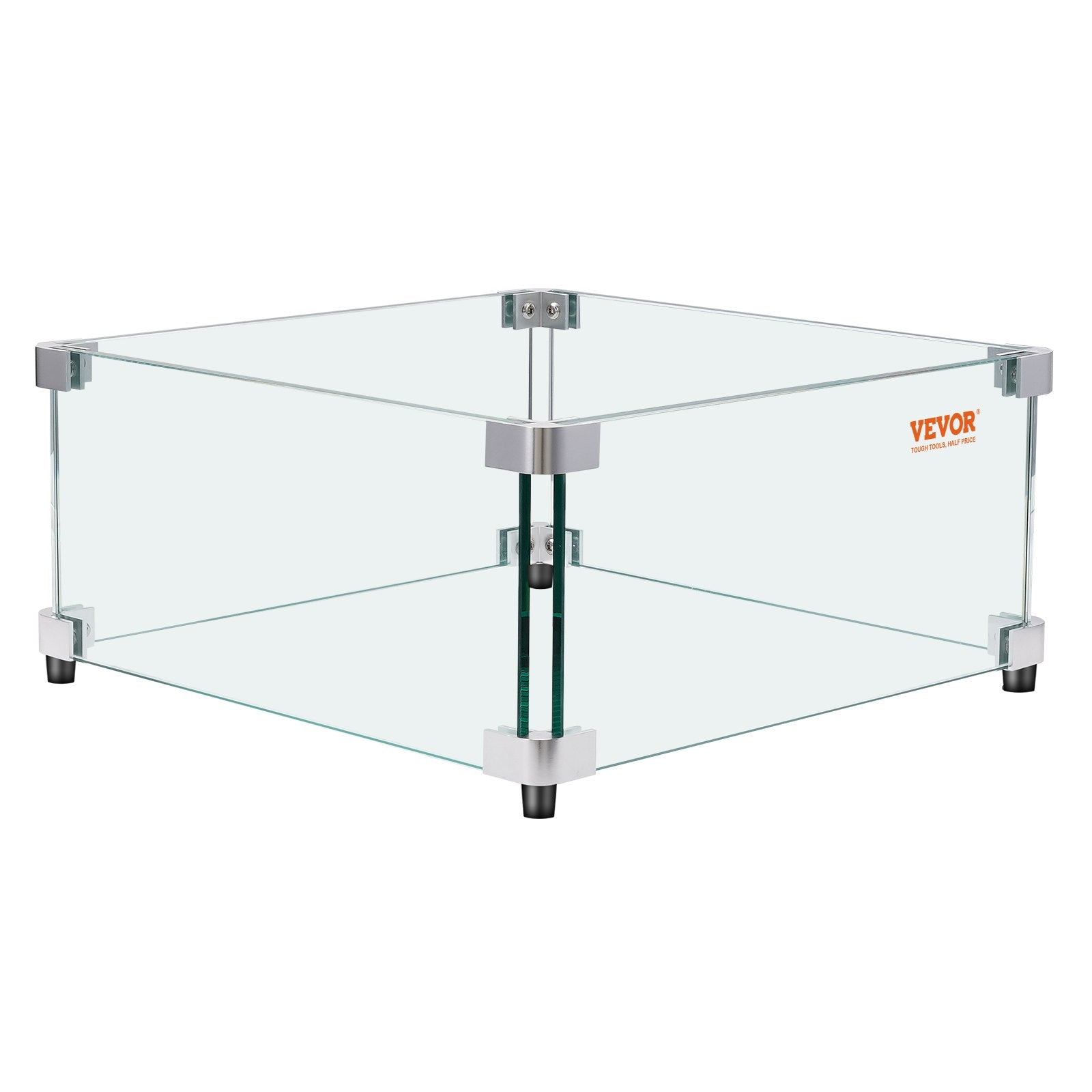 Gas Fire Pit Wind Guard for Square Fire Table, 493 x 493 x 191 mm Clear Tempered Wind Guard for Firepits, 8mm Thick Square Glass Shield, Glass Panel with Hard Corner Bracket & Feet