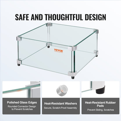 Gas Fire Pit Wind Guard for Square Fire Table, 493 x 493 x 191 mm Clear Tempered Wind Guard for Firepits, 8mm Thick Square Glass Shield, Glass Panel with Hard Corner Bracket & Feet - Image 5