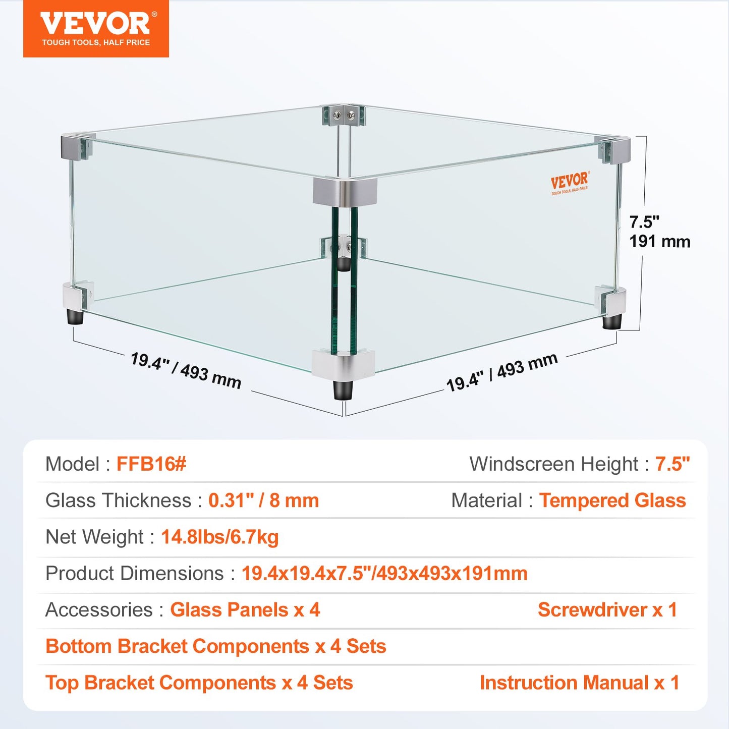 Gas Fire Pit Wind Guard for Square Fire Table, 493 x 493 x 191 mm Clear Tempered Wind Guard for Firepits, 8mm Thick Square Glass Shield, Glass Panel with Hard Corner Bracket & Feet - Image 7