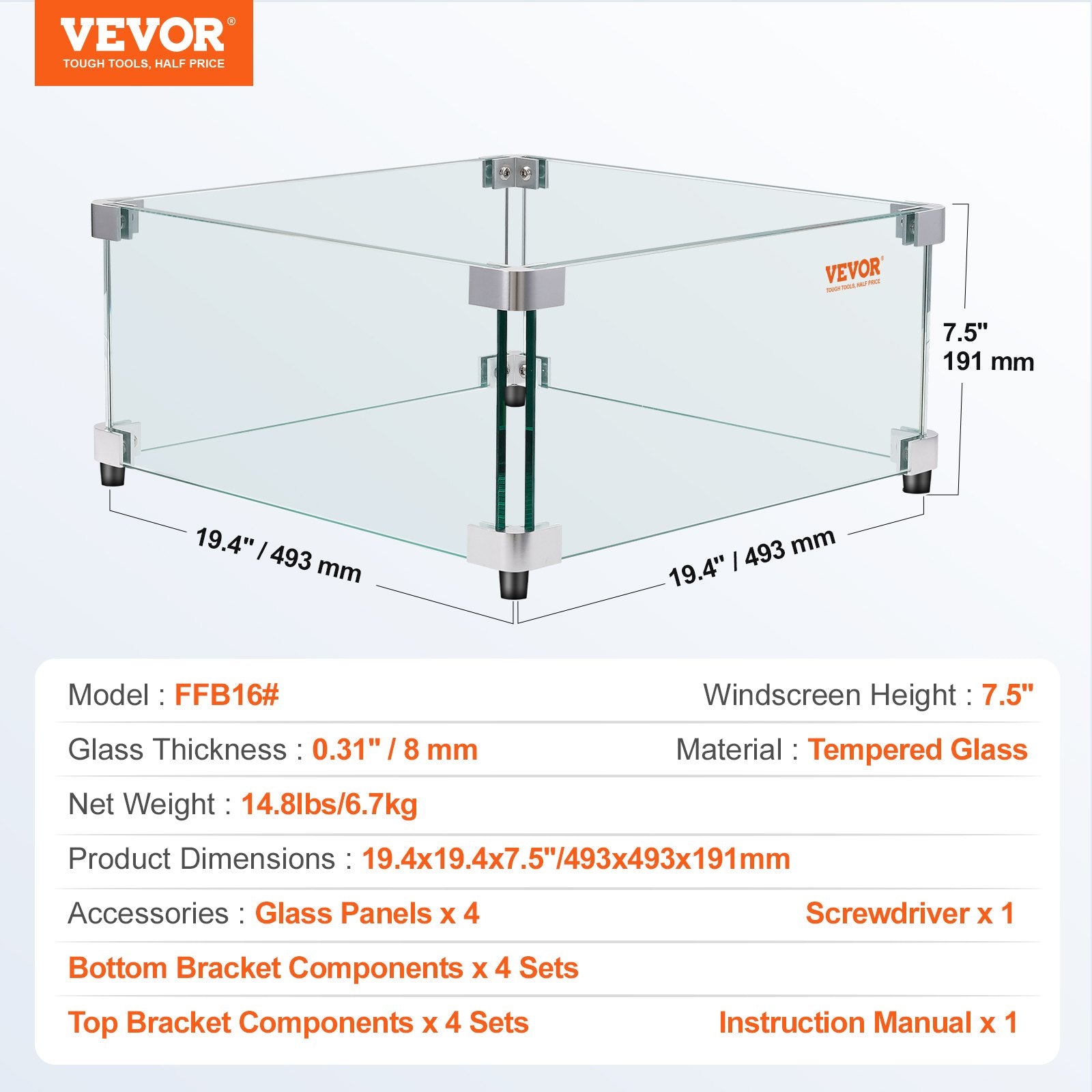 Gas Fire Pit Wind Guard for Square Fire Table, 493 x 493 x 191 mm Clear Tempered Wind Guard for Firepits, 8mm Thick Square Glass Shield, Glass Panel with Hard Corner Bracket & Feet - Image 7