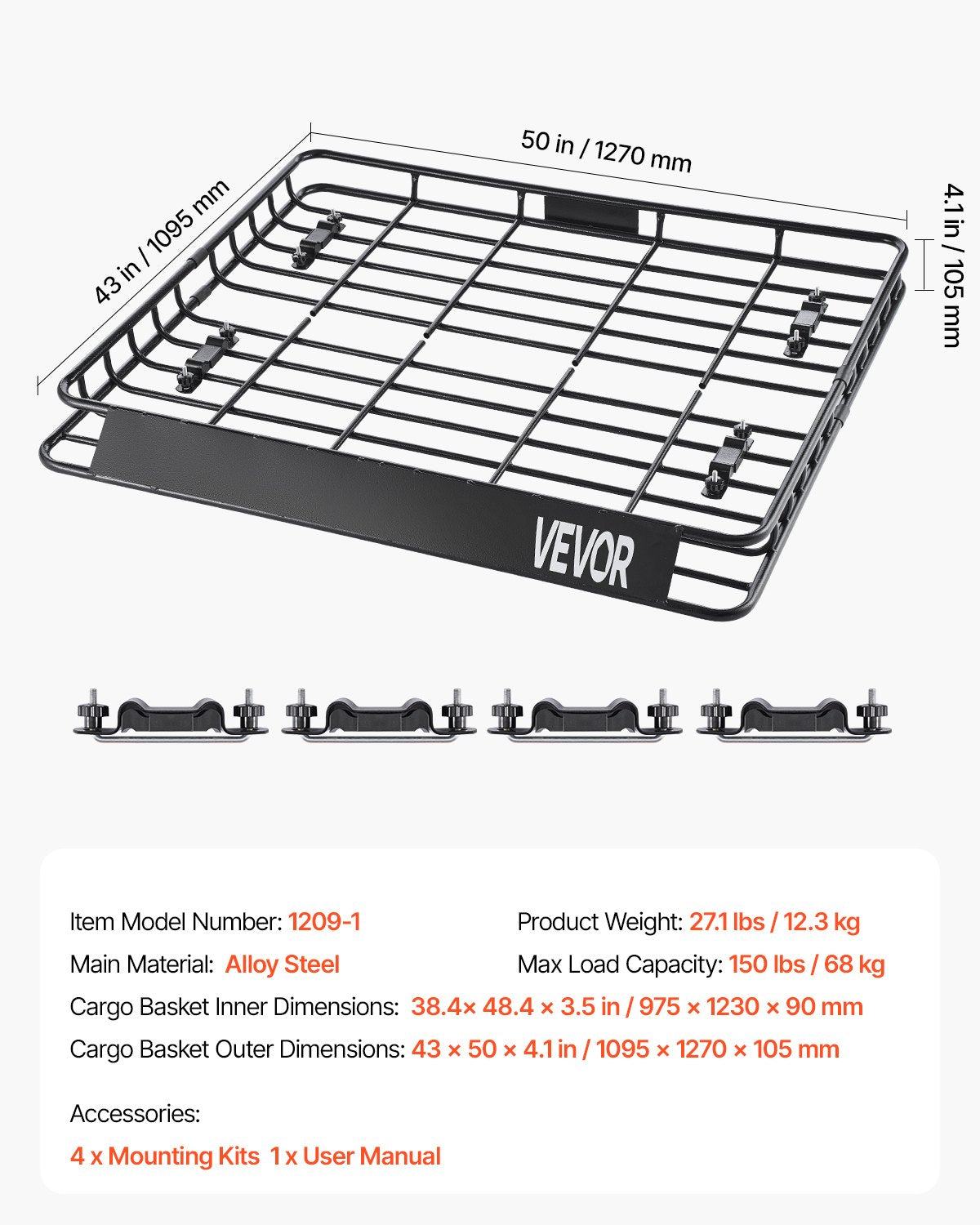 Roof Rack Cargo Carrier, 1095 x 1270 x 105 mm, Universal Rooftop Cargo Basket, Car Top Luggage Holder with 68 kg Max Load Capacity, 4.1 in Fence, Anti-Rust Alloy Steel, Wind Fairing, for SUV Car - Image 7