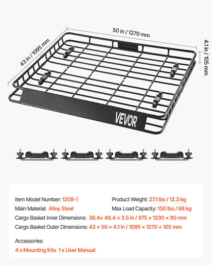 Roof Rack Cargo Carrier, 1095 x 1270 x 105 mm, Universal Rooftop Cargo Basket, Car Top Luggage Holder with 68 kg Max Load Capacity, 4.1 in Fence, Anti-Rust Alloy Steel, Wind Fairing, for SUV Car - Image 7