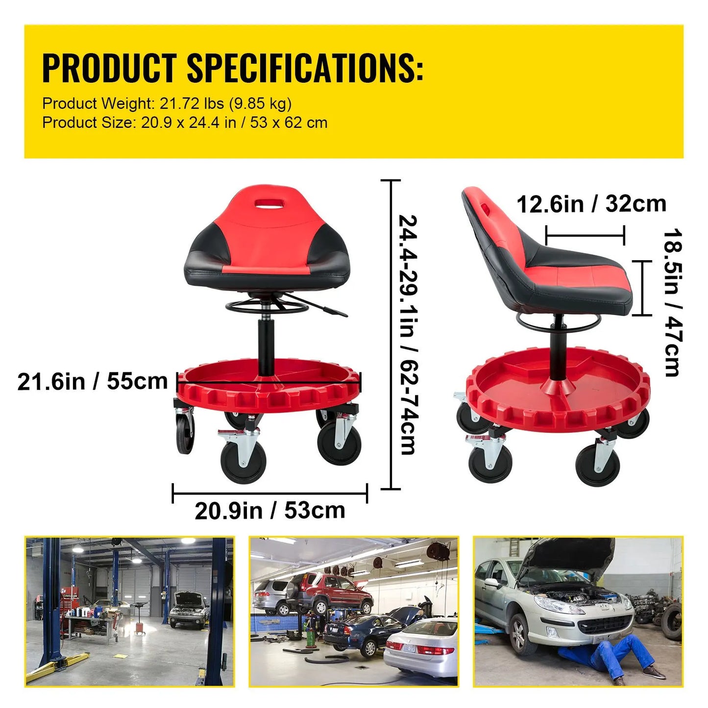 Rolling Garage Stool 300LBS Adjustable Mechanic Work Shop Seat w/Casters - Image 7