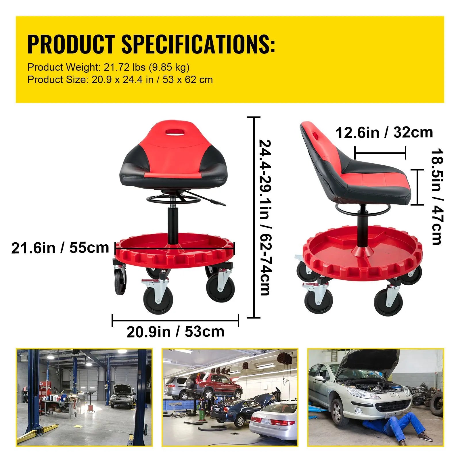 Rolling Garage Stool 300LBS Adjustable Mechanic Work Shop Seat w/Casters - Image 7